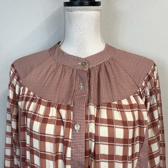 Polagram Dress size Medium Brown Ivory Plaid Midi Prairie Peasant Modest Church - Picture 4 of 9